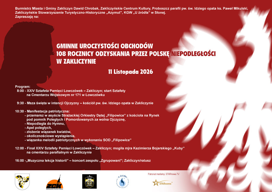 Zaproszenie na Gminne Uroczystości Obchodów 108 rocznicy Odzyskania przez Polskę Niepodległości w Zakliczynie